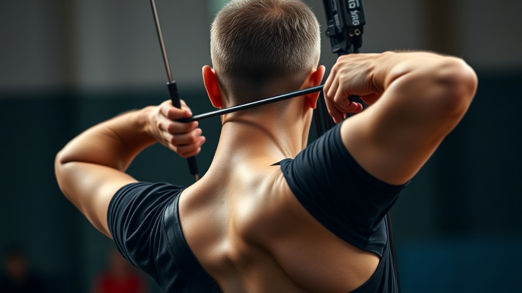 등 근육을 사용하여 활의 장력을 안정적으로 유지하고 있는 양궁 선수의 뒷모습