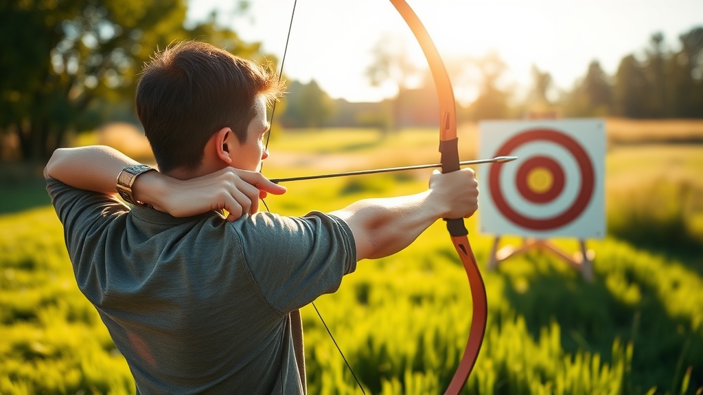 푸른 잔디밭의 양궁장에서 활시위를 팽팽하게 당기고 있는 궁사의 측면 모습