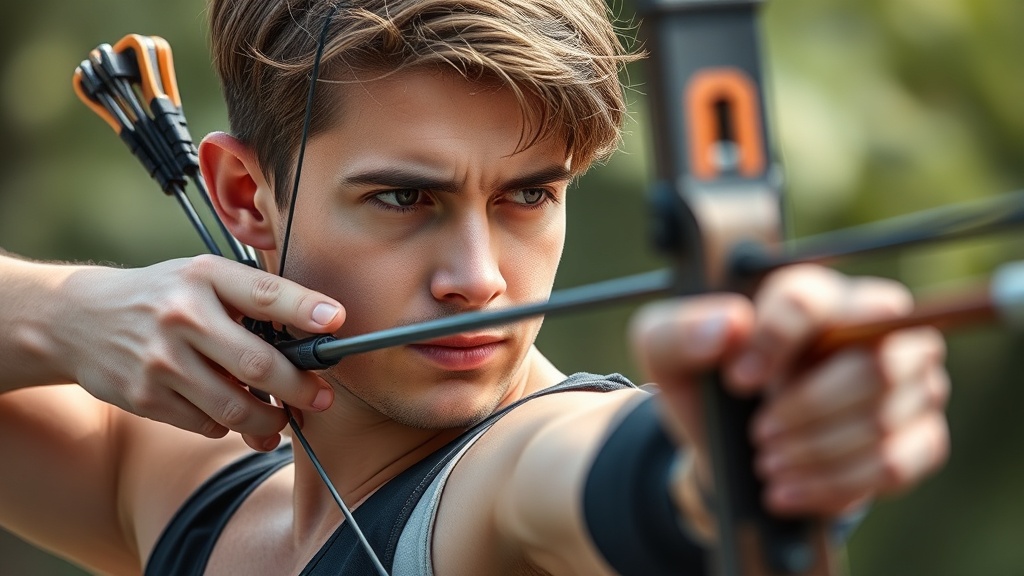 양궁 선수가 어깨 통증을 느끼며 자세를 교정하는 모습