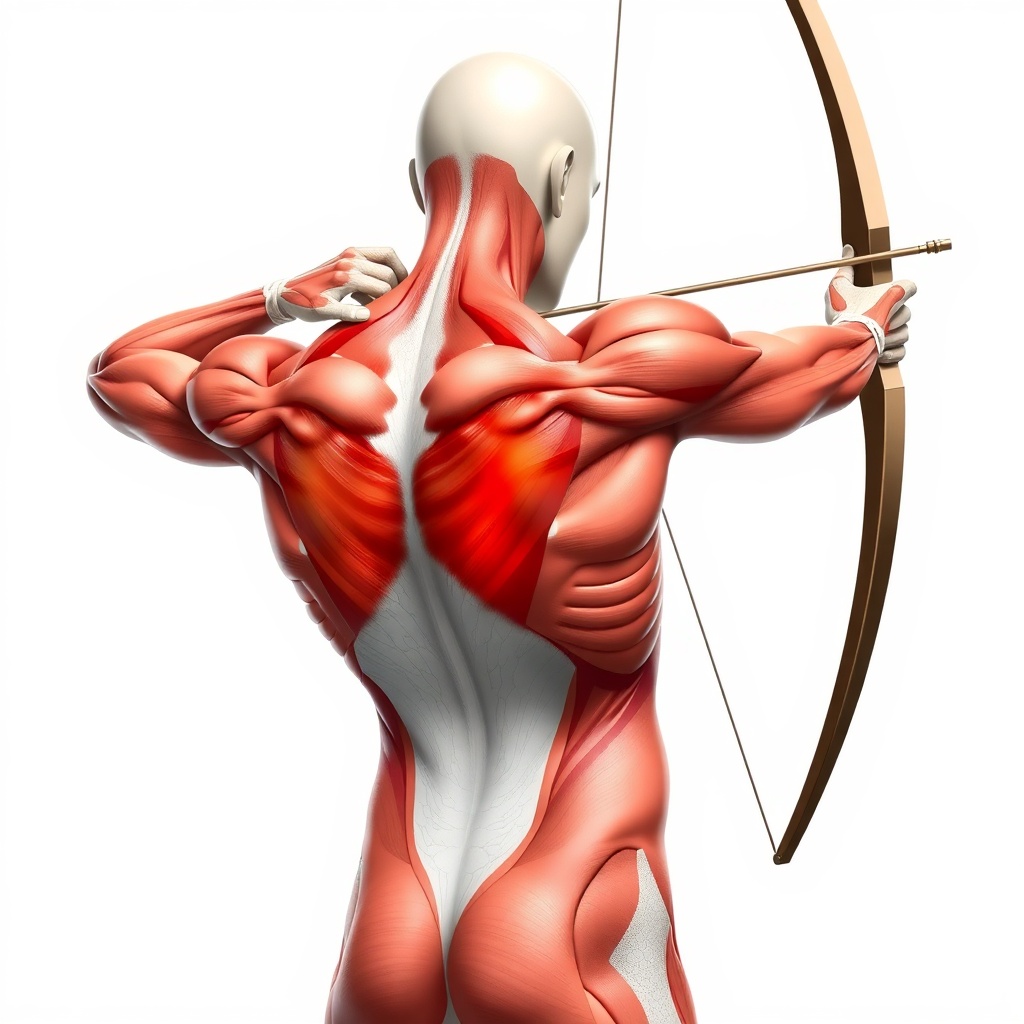 활을 당길 때 사용되는 등과 어깨 근육의 올바른 정렬 상태를 보여주는 해부학적 일러스트