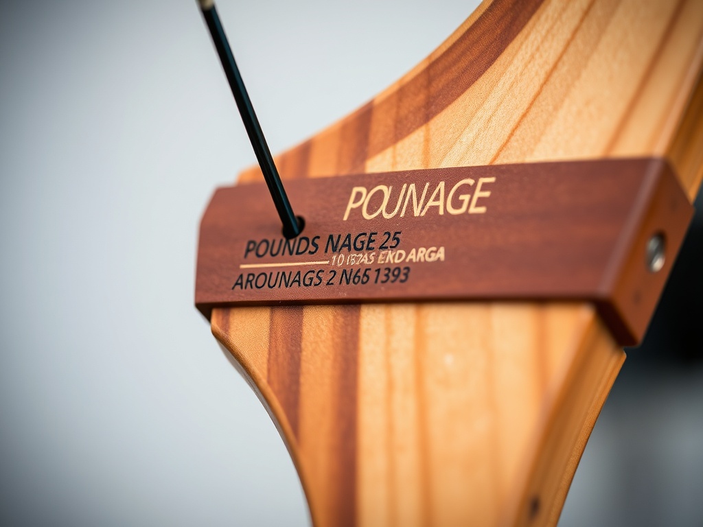양궁 활의 날개 부분에 표기된 파운드 수치와 제조사 사양을 근접 촬영한 모습