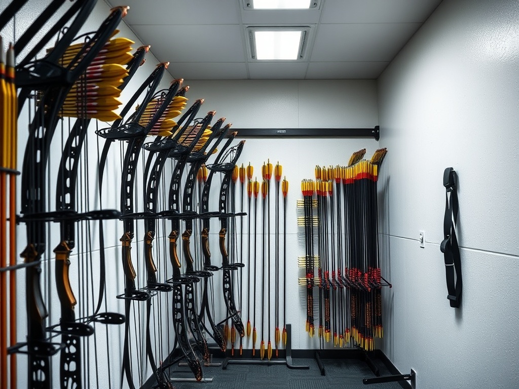 다양한 파운드의 활과 화살들이 가지런히 정리되어 있는 양궁 장비 보관소의 모습